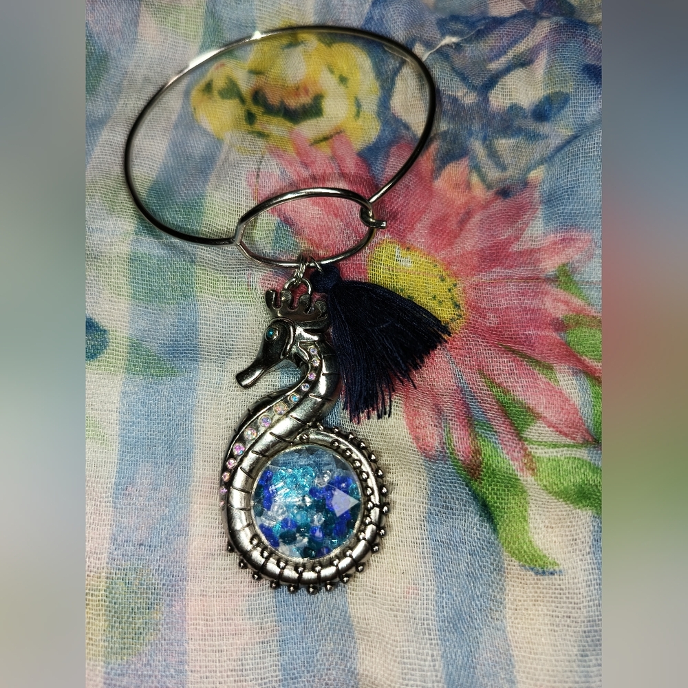 Silver Seahorse Bracelet with Blue and Black Accents